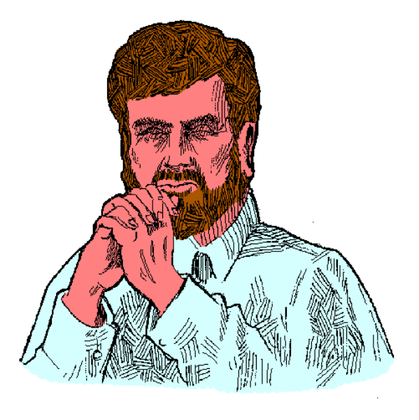 The image shows a pixelated representation of two men's faces with different expressions: on the left is an older man looking thoughtful while holding his chin in hand; to the right is another younger-looking male, also contemplating and scratching his head.