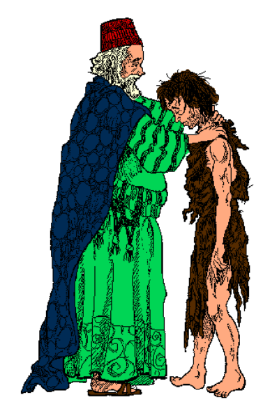 The image shows a man standing next to another person who appears to be an older figure with robes on; both figures seem to have their heads bowed down towards each other in what might suggest reverence or respect, and there is no text present within this small clip-art style illustration.
