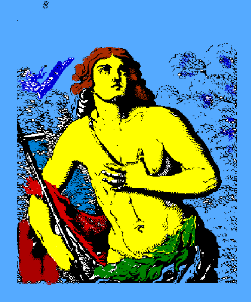 The image shows a pixelated representation of an ancient Greek statue with muscular physique sitting on what appears to be a throne-like structure in front of water.
