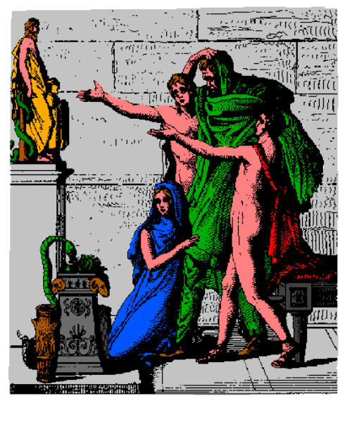 The image shows a pixelated illustration of two figures: on the left is an older man with white hair holding what appears to be a bottle; in front of him stands another figure that seems younger, also depicted as male and wearing green clothing. Both characters appear to have some sort of magical or mystical theme due to their attire and surroundings which include bottles and potions typical for alchemists' studios. The setting is indoors with a brick wall in the background suggesting an old-fashioned laboratory environment, possibly from fantasy literature or media.