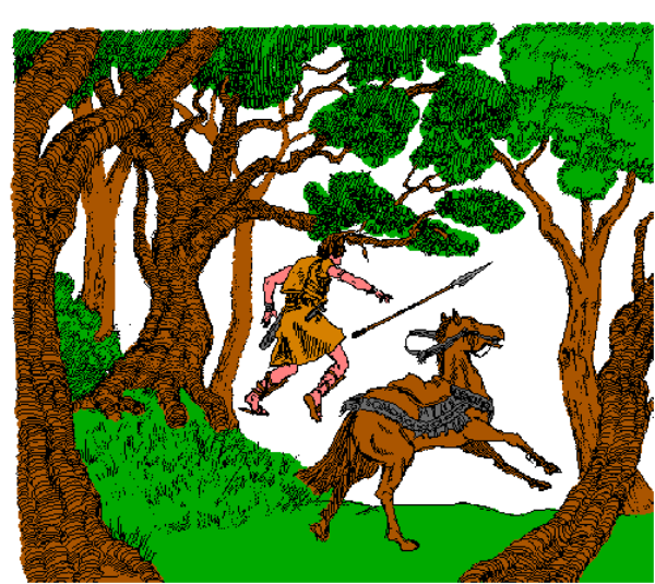 The image shows a pixelated forest scene with trees on either side of what appears to be an animal figure at the center bottom part of the frame; there is no text present in this small clip-art image.