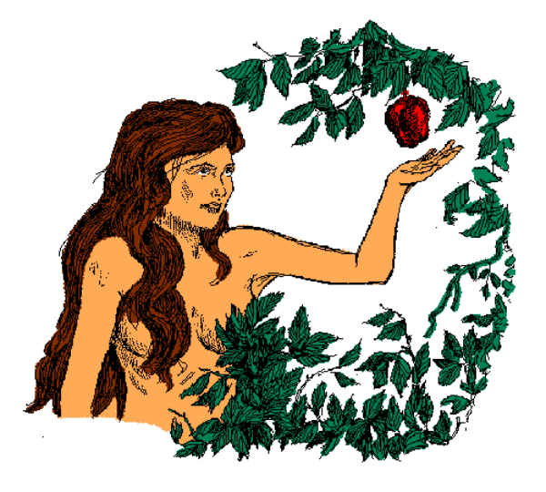 The image shows a woman with long hair reaching for an apple on top of what appears to be a wreath made from green leaves.