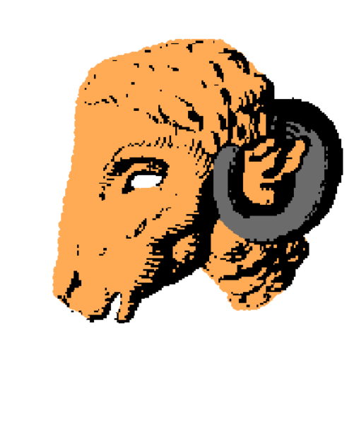 The image shows a pixelated representation of an orange dog's head with two ears on top against a white background.