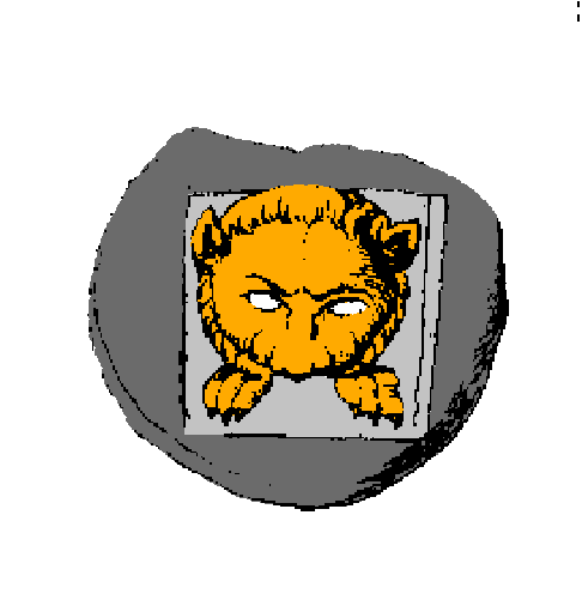 The image shows a pixelated icon of an orange cat with black eyes inside what appears to be a gray shield-like shape on top left corner against white background; below it is another similar but smaller version in bottom right, both resembling emojis or icons commonly used for digital communication. There are no texts present within the image itself. The style of art suggests that this could represent an avatar from a video game or social media platform where such images might be utilized to identify users online.