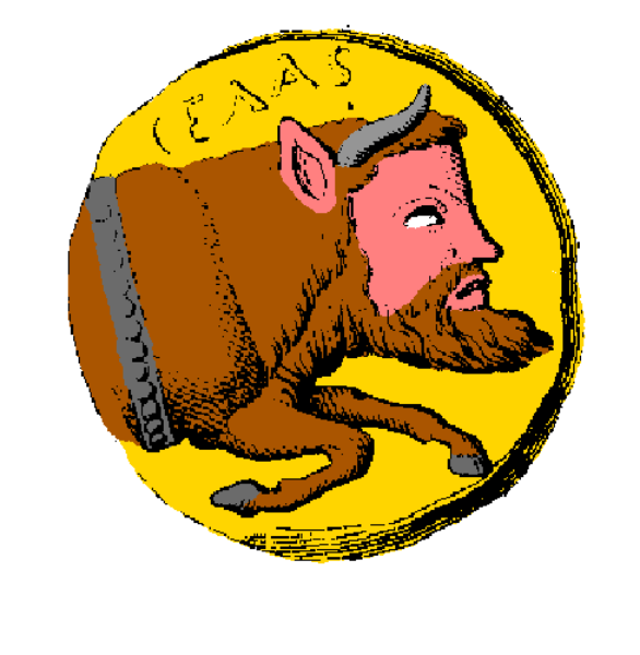 The image shows a cartoon of an animal that resembles a bear with its head down inside what appears to be a circular frame within another larger circle; there is no text present in this clip-art illustration, and it seems to represent some form of emblem or logo rather than depicting any specific action.
