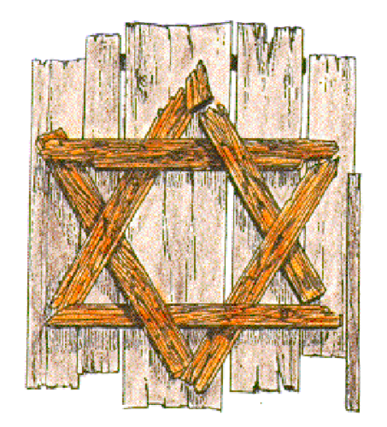 The image shows a graphic of an emblem with two distinct symbols: on top is what appears to be a wooden plank background; below it sits a Star of David in brown coloring within its hexagonal shape, and atop this star rests another symbol that looks like a shield or crest.