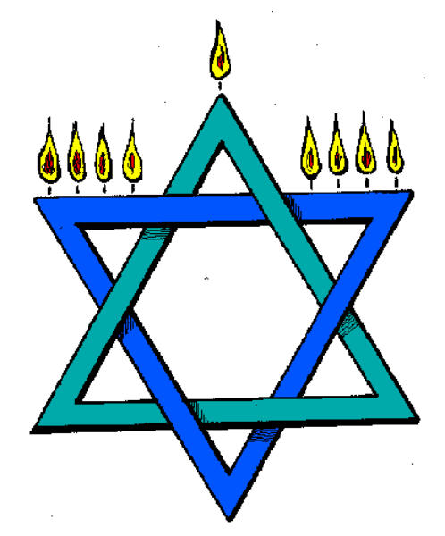 The image shows a logo with symbols of Jewish faith: a Star of David at its center surrounded by candles on either side, set against a blue background within an oval frame that resembles a shield shape; above it is another star-like symbol and below it appears to be the Hebrew word "שַׁבָּת" which means Sabbath.