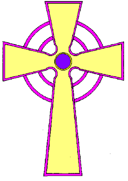The image shows a cross with an intricate design on it against a purple background.