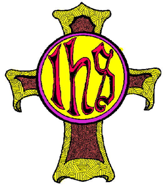 The image shows a cross with an emblem on it inside of which there is text that reads "JHS".