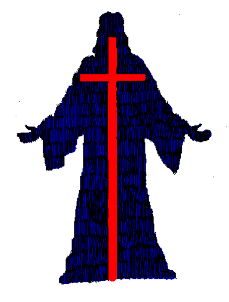 The image shows a pixelated graphic of an object that resembles a cross with two vertical bars connected by horizontal ones at each end; it is colored in shades of blue and red against a white background, giving off a retro video game vibe due to its low-resolution style.