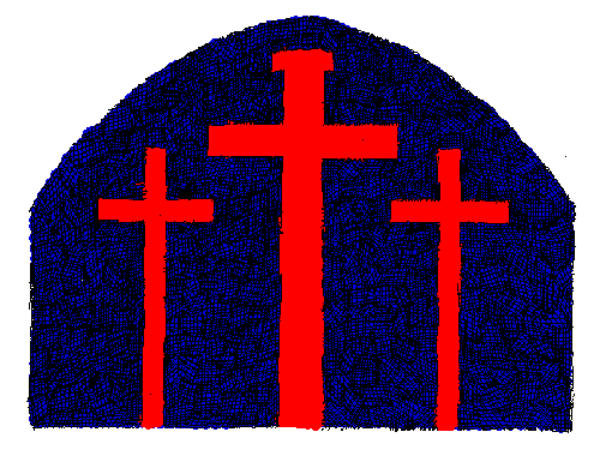 The image shows a pixelated representation of three church steeples with crosses on top against an overcast sky background.