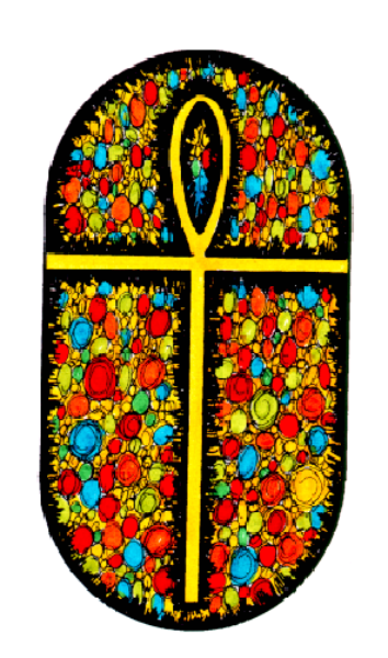The image shows a pixelated representation of an object that resembles a cross with intricate patterns on it against a plain background.
