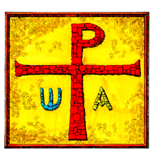 The images show a cross with letters around it on two different backgrounds: yellow for "P" and red for "U".
