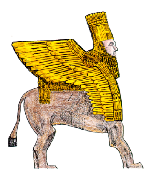 The image shows a cartoon of an animal with wings on its back standing next to what appears to be a golden shield emblazoned with a crest that resembles a castle-like structure atop it, suggesting some form of royalty or nobility associated with this creature.