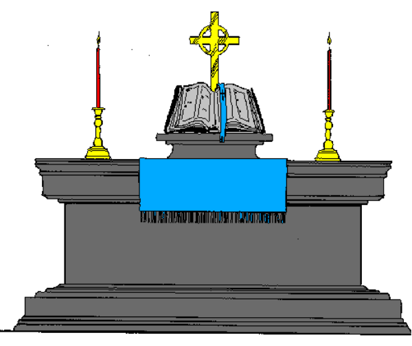 The image shows a stylized depiction of an altar with candles on top set against what appears to be a church interior background.