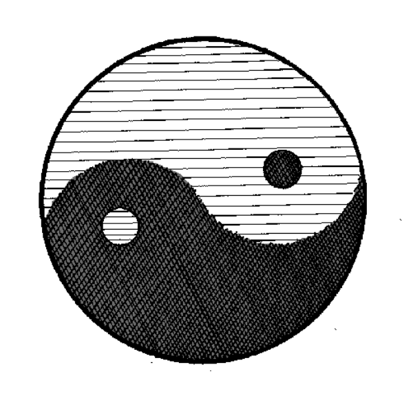 The image shows a logo with two yin yang symbols on either side of an emblem that resembles a coin-like object in between them; there is no text present within this clip-art graphic.