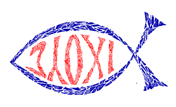 The image shows a logo with two fish swimming towards each other under an arrow that points upwards to form part of another symbol resembling a cross; above this is text reading "105" in red, and below it there's a small graphic element shaped like a church steeple.