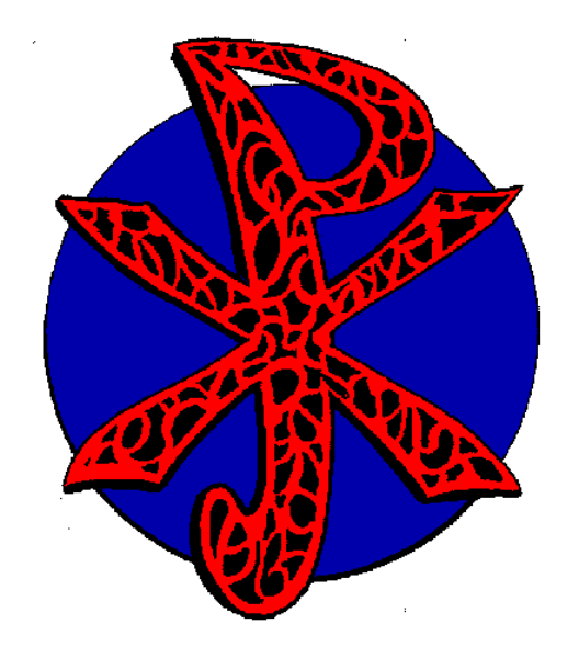 The image shows a red circle with an inner blue starburst pattern inside it against a gray background.