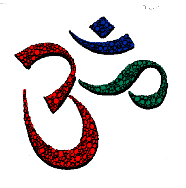 The image shows a logo with an emblem of Om (ॐ) at its center surrounded by three other symbols: one in red that appears to be a lotus flower, another in blue resembling a peace sign, and a third in green depicting what seems like the Hindu trident.