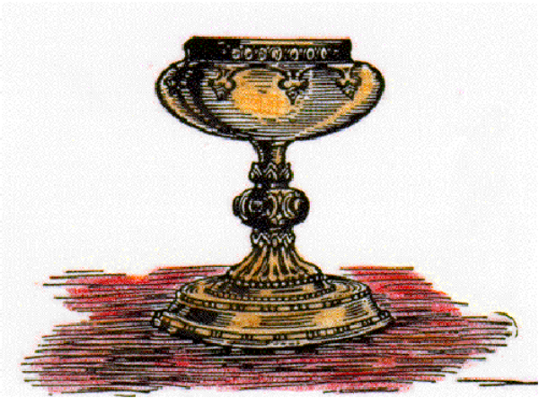 The image shows a chalice with an open book on top of it placed next to what appears to be a candle holder in front of some red liquid that could represent blood.