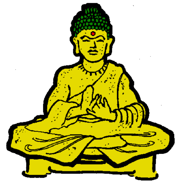 The images show two different depictions of a seated figure that appears to be meditating; both figures have yellow robes on their bodies with one having an orange halo around it in each image.