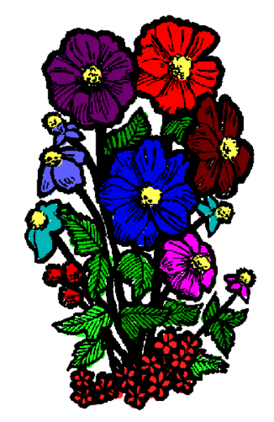 The image shows a bouquet of colorful flowers with various shades including reds, blues, purples, yellows, greens, pinks, whites, blacks, browns, grays, and more in front of what appears to be an American flag background.