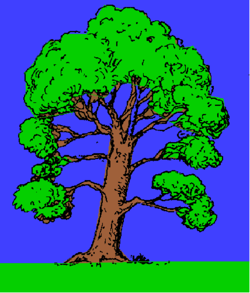 The image shows a pixelated tree with green leaves against a blue sky background on what appears to be an old-fashioned computer screen displaying low resolution graphics typical of early video games.