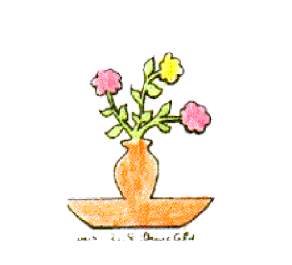 The image shows a vase with flowers on top of it placed inside an orange pot against a white background.