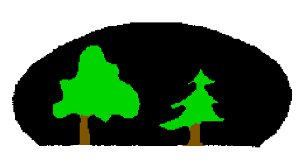 The image shows a pixelated representation of two trees with green leaves against an untextured background that resembles water due to its blue coloring at the bottom edge.