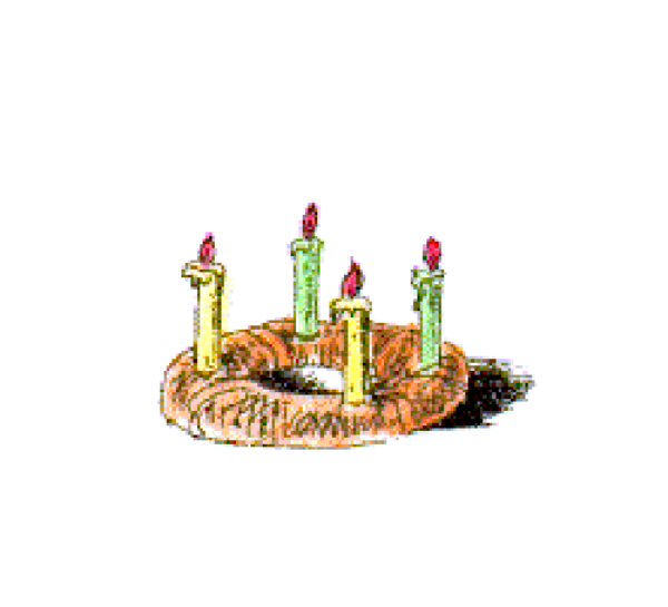 The image shows a cartoon of three cakes with candles on top against a white background.