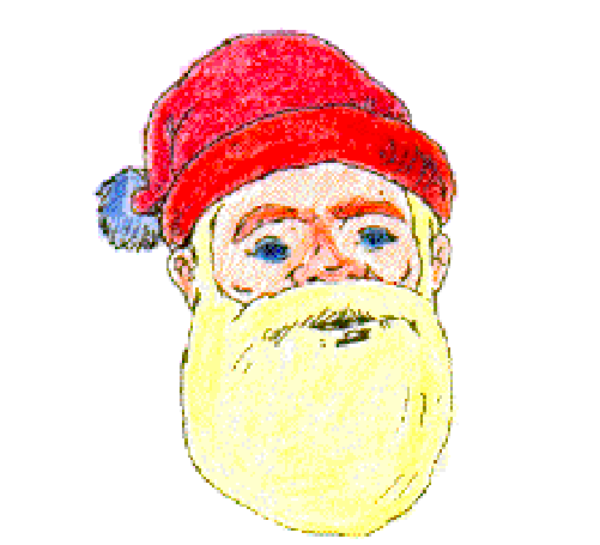 The image shows a cartoon depiction of an elderly man with white hair wearing glasses, dressed as Santa Claus complete with red suit, hat, boots, gloves, belt buckle, suspenders, beard, and mustache; he is holding what appears to be a candy cane in his right hand.