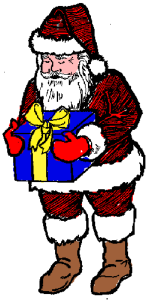 The image shows a pixelated representation of Santa Claus standing against a plain background with his arms crossed over his chest.