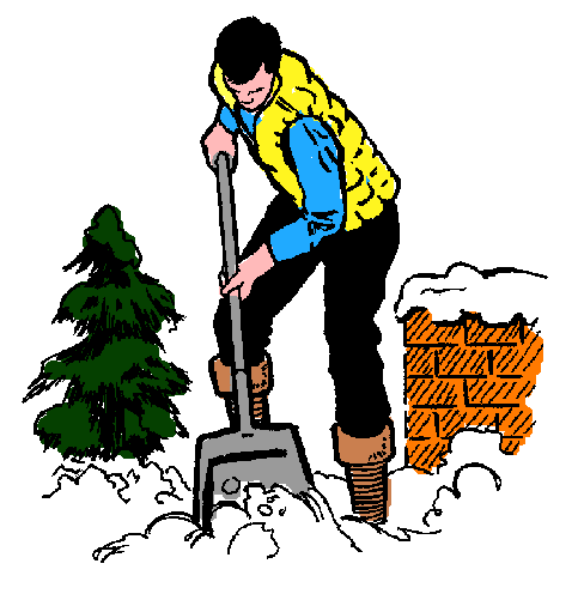 The images show a person shoveling snow next to two different scenes: on top is an illustration of someone working outside in winter with trees around; below it is another image featuring a man standing by a tree and what appears to be some kind of equipment or toolbox, also set against the backdrop of wintry conditions.
