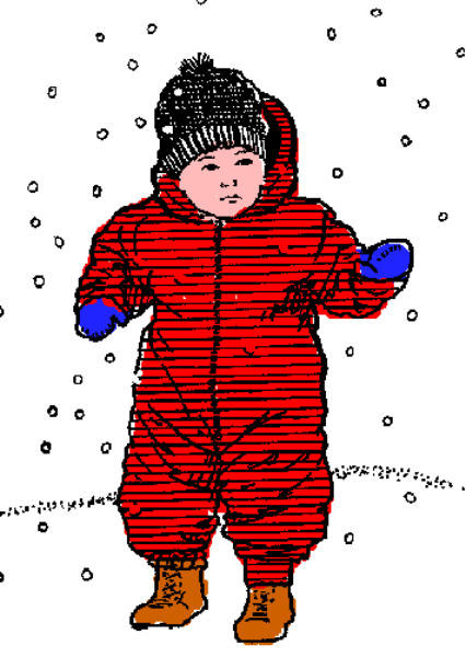 The image shows a child wearing an orange snowsuit with red boots standing on what appears to be white ground covered by small dots that resemble falling snowflakes.
