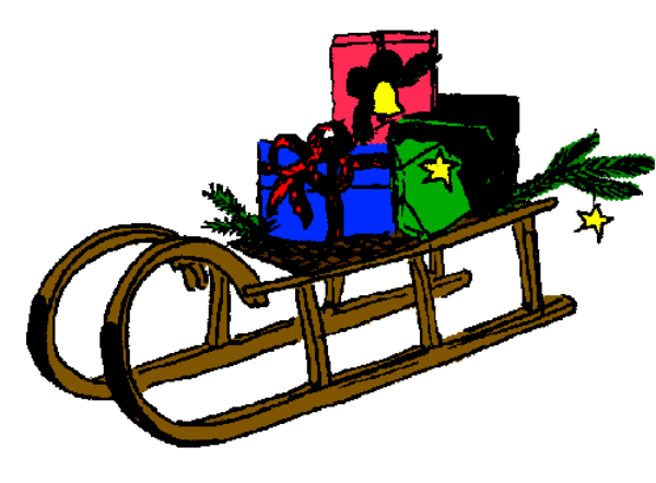 The image shows a cartoon depiction of Christmas with Santa Claus riding his sleigh pulled by reindeer across snowy rooftops under clear skies; there is also an animated gift box in front of him, and he's holding presents on one hand while waving the other.