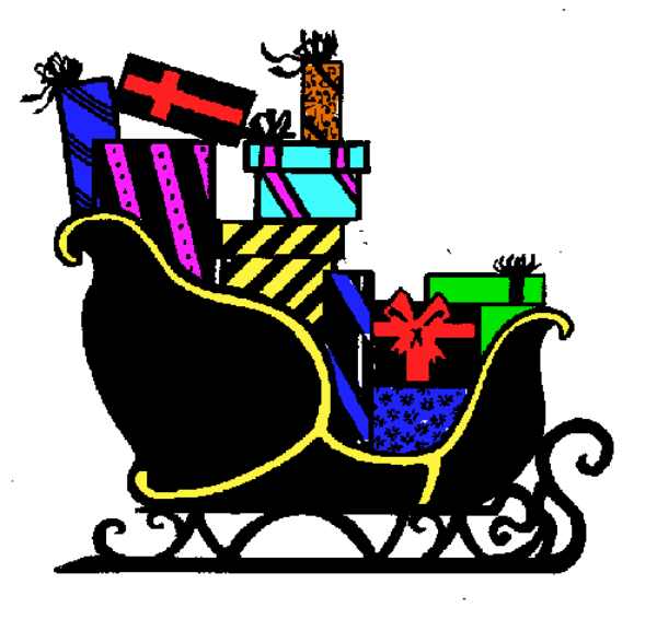 The image shows a pixelated representation of an animated character sitting on top of what appears to be a sled with reins in hand against a white background.