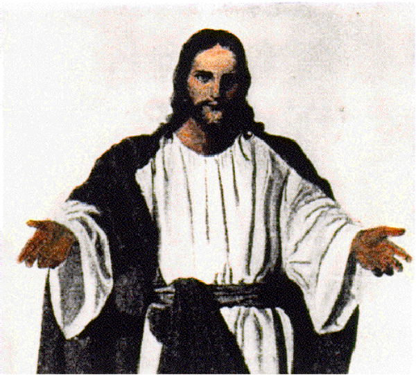 The image shows a pixelated representation of an animated character dressed as Jesus Christ with his arms outstretched against two other characters who appear to be disciples in robes standing on either side; all three figures have halos around their heads, suggesting religious iconography typical for Christian art depicting saints.