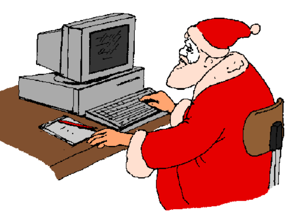 The image shows a cartoon of Santa Claus sitting at an office desk with his feet up on another chair while working on a computer monitor that displays "Santa's Workshop."
