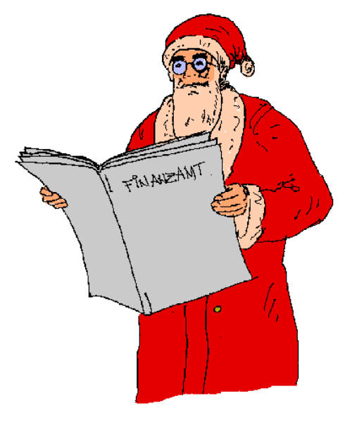 The image shows a cartoon of an older man dressed as Santa Claus holding what appears to be a newspaper with his left hand while looking at it intently.