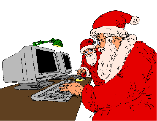 The image shows a cartoon of Santa Claus sitting at an office desk with computer equipment around him; he is depicted in his traditional red suit and hat, looking attentively towards something on the screen before him.