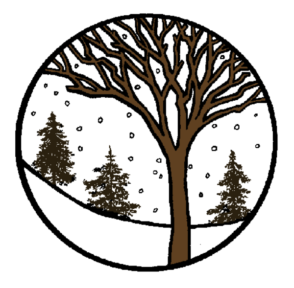 The image shows a black and white illustration of two trees with snow on their branches against an elliptical background that resembles a stylized tree trunk. There is also what appears to be a small, simplistic depiction of pine cones at the bottom left corner. In addition, there are three circular symbols: one in black and white featuring a single evergreen branch with snow on it; another showing two trees against an elliptical background similar to that above them but without any additional details or embellishments; and the third depicting pine cones
