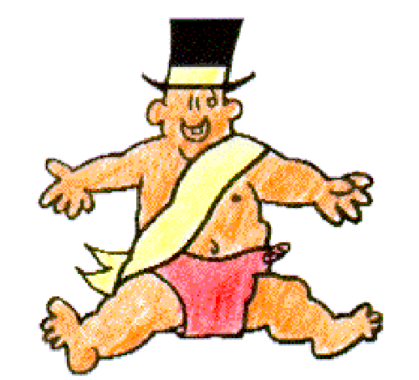 The image shows a cartoon of an elephant sitting on its hind legs with front feet raised as if dancing, wearing what appears to be human clothing including pants and shoes, in a playful pose against a white background.