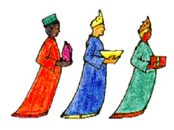 The image shows a row of four animated figures that resemble stylized humanoid characters with robes; each figure has distinct coloring: red on top left, blue in middle right, green at bottom center and yellow to far right. They appear to be standing upright against a white background without any discernible actions or setting details visible within the frame of this small clip-art image.