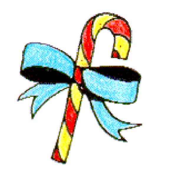 The image shows a candy cane with blue ribbons tied around it against a white background on top of an icon that resembles a gift tag.