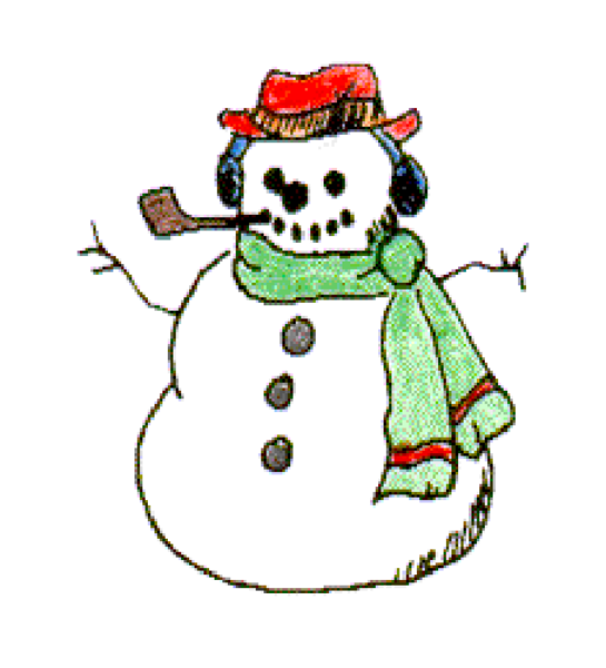 The image shows a cartoon of an anthropomorphic snowman with arms outstretched wearing headphones around its neck, standing on what appears to be grass in front of a gray sky background.