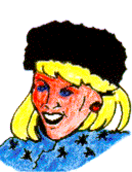 The image shows a pixelated representation of an older woman with blonde hair wearing glasses; she is smiling broadly at something off-camera to her right side in this orientation.