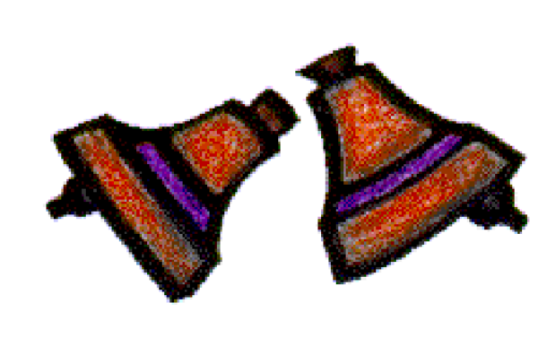 The image shows two red triangles with a purple stripe on each side placed next to an orange cone-shaped object in what appears to be a white background without any additional context provided by other elements within this small clip-art graphic.