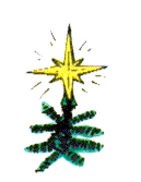 The image shows a Christmas tree with an angel on top of it next to a star symbolizing Christianity's nativity scene.