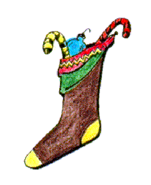 The image shows a single cowboy boot with an attached stocking foot that has been decorated to resemble Santa Claus's leg in red pants, white boots, green hat, and holding what appears to be mistletoe leaves.