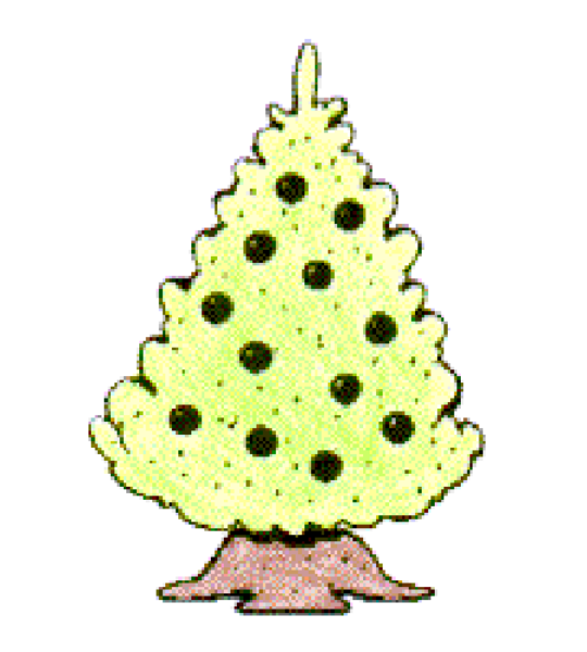 The image shows a cartoon pine tree with green needles on top of it against a white background.